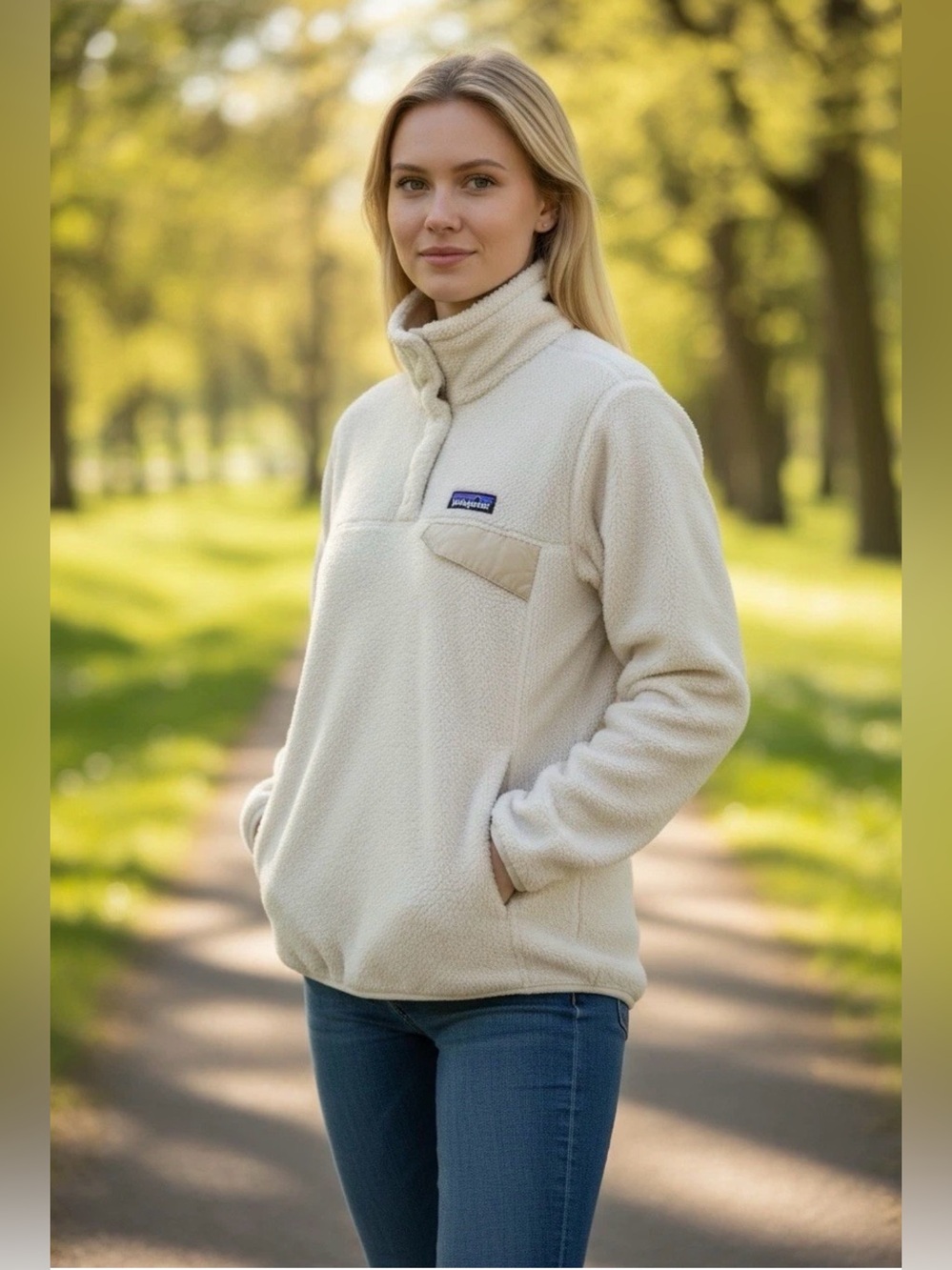 Patagonia Women’s Fleece Jacket White Size M Quarter Button Up